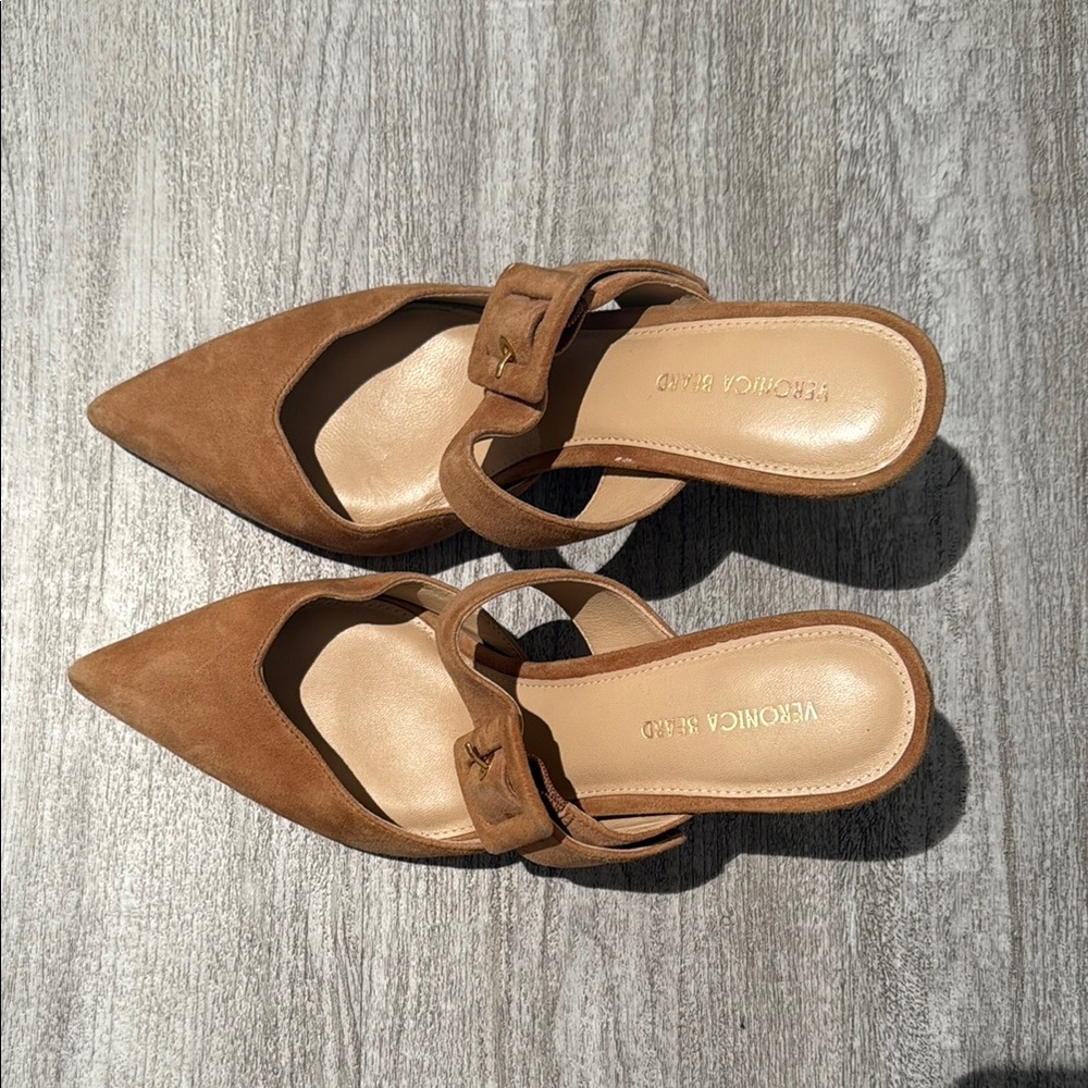 Veronica Beard leather and suede pointed toe strap heels